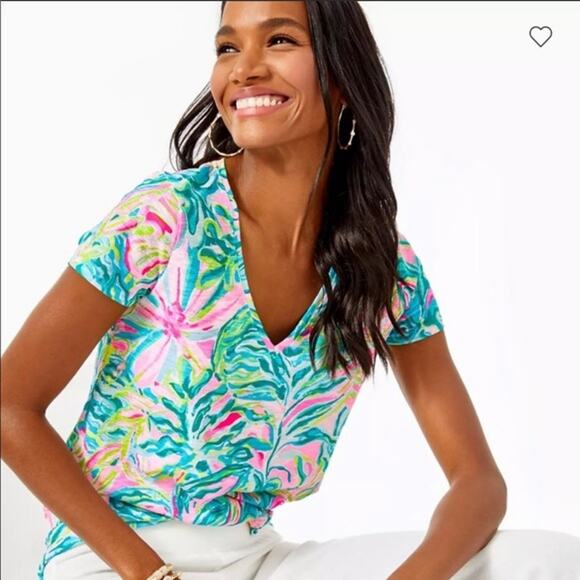 Lilly Pulitzer Etta V-neck Top Tee One in a Melon XXS - Picture 1 of 5